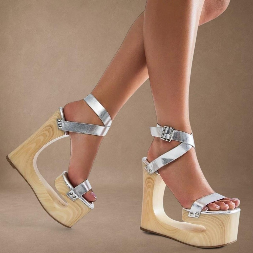 Jeffrey Campbell Inspired Silver Platform Woodgrain Sandals